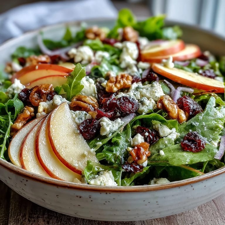 Close-up of Mixed Greens and Apple Bowl featuring crisp apple slices, walnuts, and creamy goat cheese crumbles.