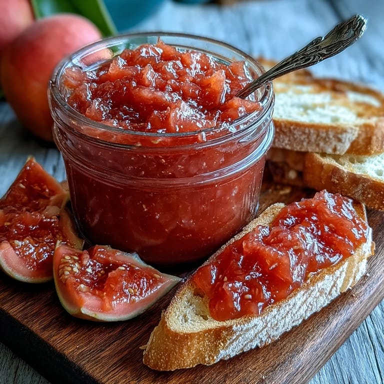 Spooned guava preserves on a slice of buttered toast, alongside a wedge of creamy brie on a rustic plate.