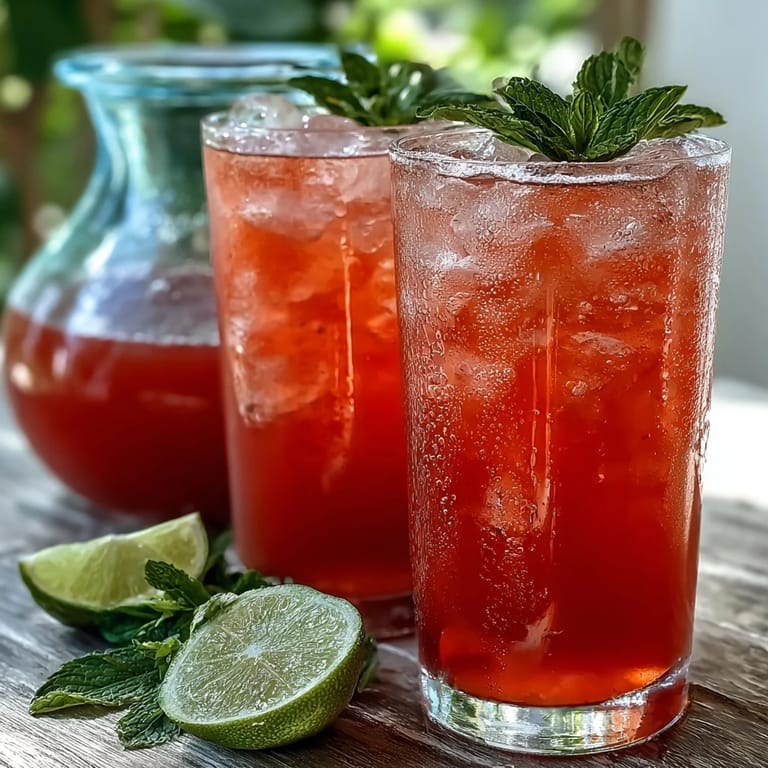 Guava Nectar Drink in a glass pitcher with ice and mint, poured over fresh ice cubes.