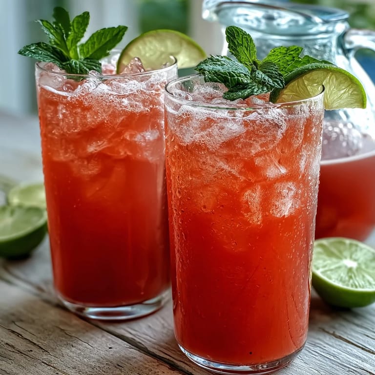 Two glasses of Guava Nectar Drink resting on a sunny patio table, ready for a refreshing summer sip.