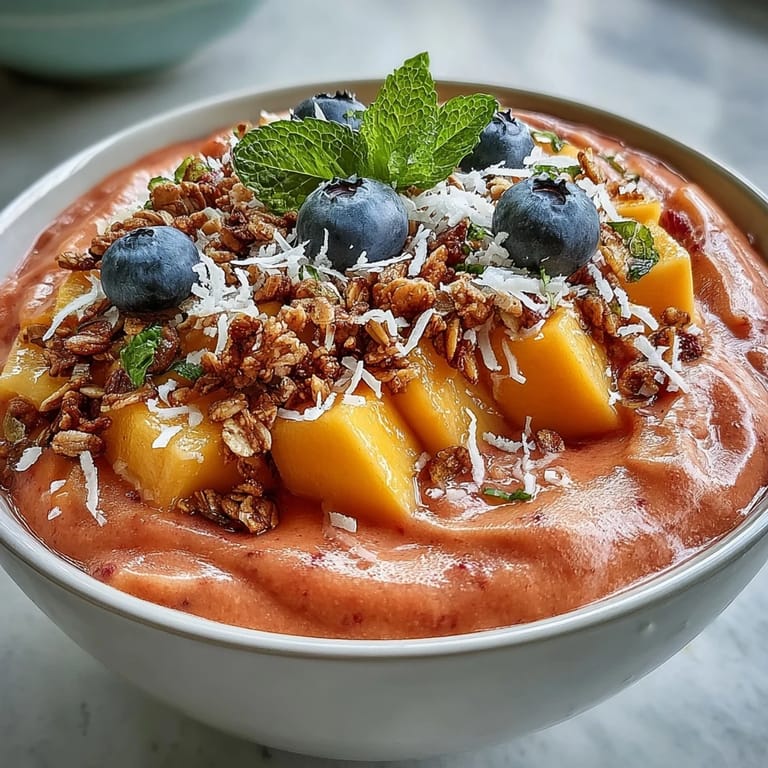 A nourishing Guava and Mango Smoothie Bowl with mango, guava, and granola, perfect for a quick healthy snack.