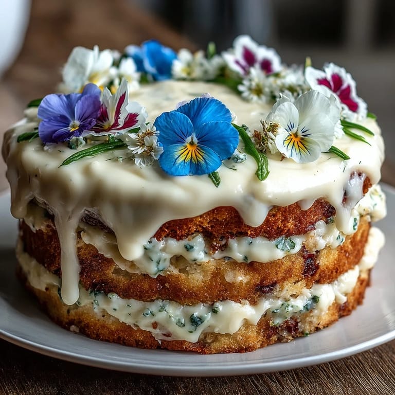 Elegant spring cake adorned with pressed pansies and violets, offering a light and floral dessert for special occasions.  