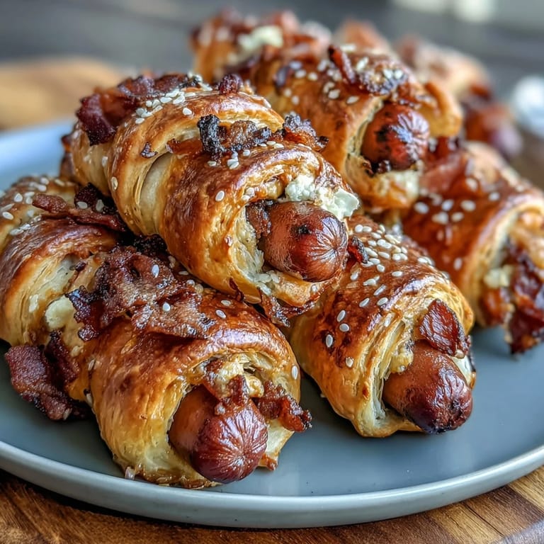 Bite-sized hot dogs baked in flaky crescent dough, leaving the ends exposed to resemble tiny baseball bats.