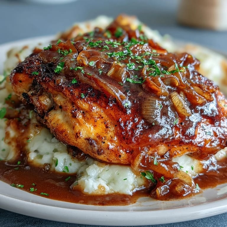 Comforting Southern-style smothered chicken, golden brown and simmered in savory onion gravy for a soulful dinner.