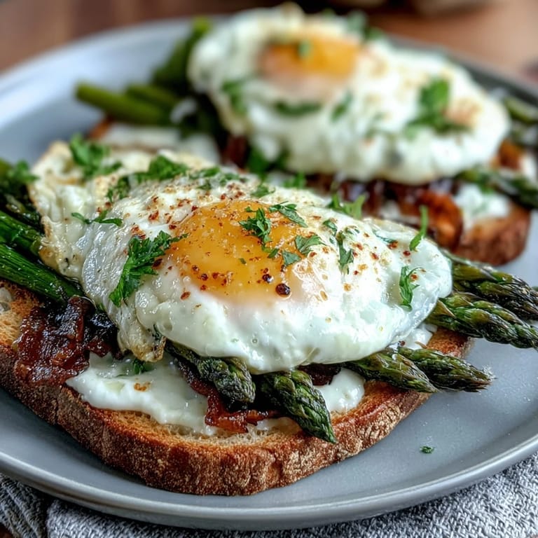 Golden scrambled eggs with crème fraîche, bright lemon zest, and crisp asparagus atop rustic bread slices.
