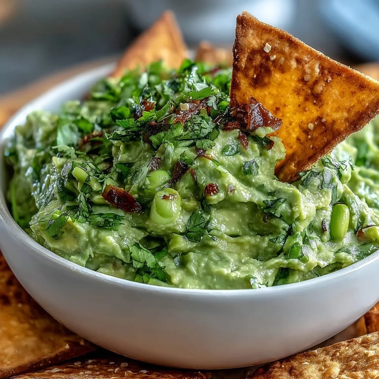 Vibrant green edamame guacamole with ripe avocado, lime, and cilantro, paired with warm, spiced pita chips for dipping.  
