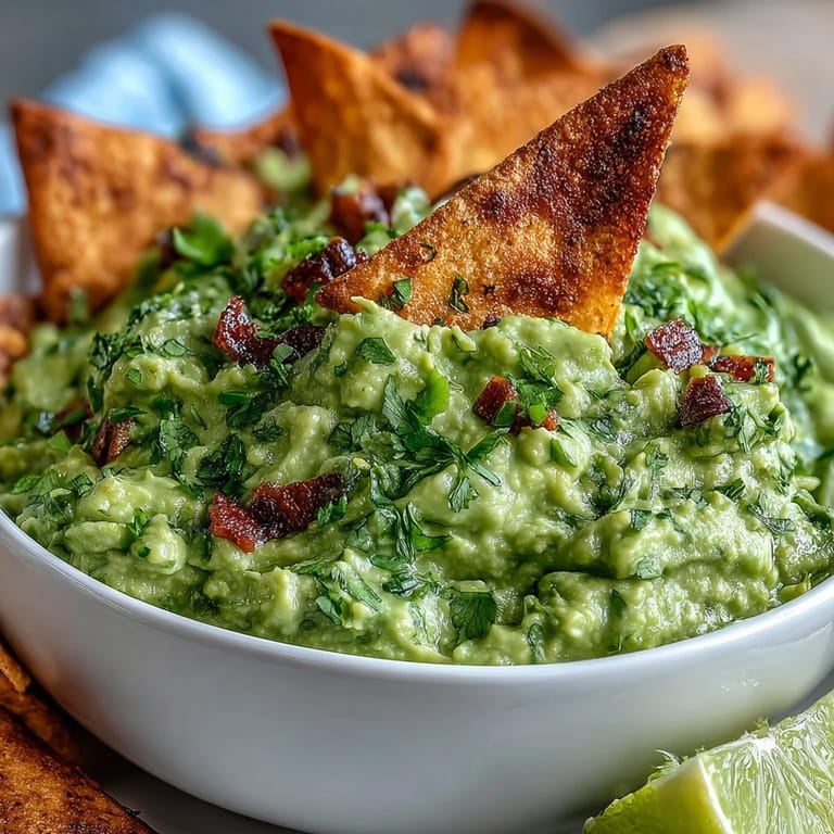 Healthy edamame guacamole blended with avocado and jalapeño, served alongside crunchy, oven-baked whole wheat pita chips.