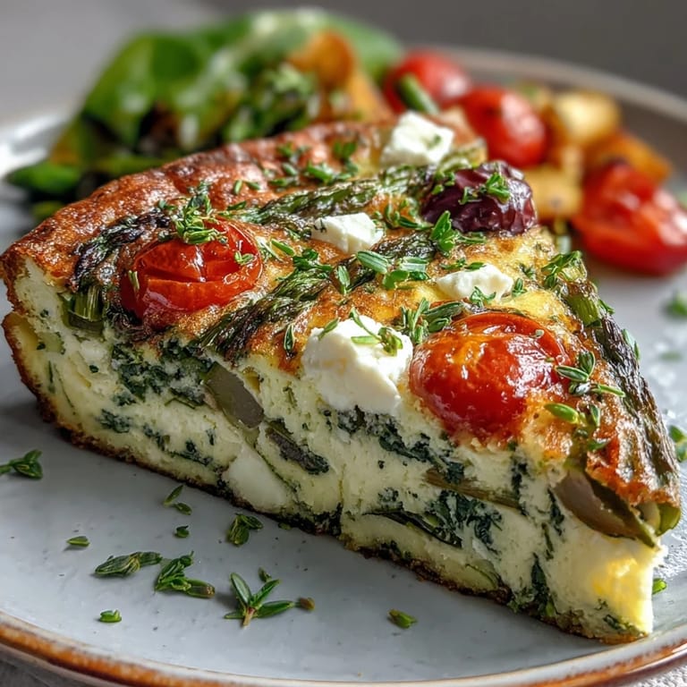 Vibrant spring vegetable frittata loaded with fresh herbs, tomatoes, and creamy feta cheese.