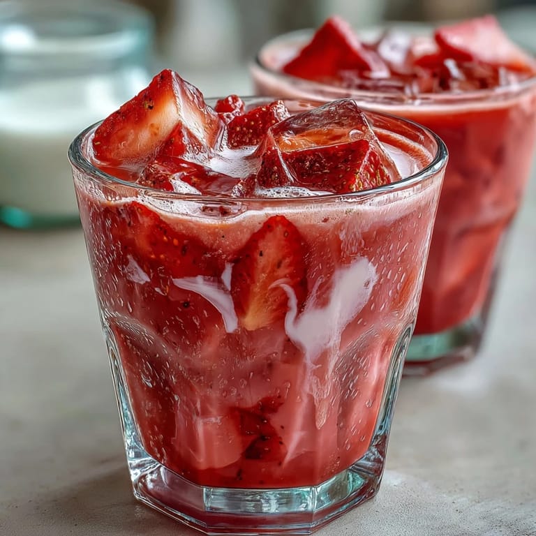 Bright and fruity strawberry açaí coconut beverage garnished with sliced berries, perfect for a dairy-free, vegan refreshment.