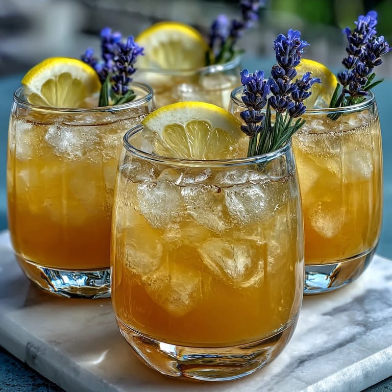Vibrant lavender lemonade cocktail with prosecco bubbles, garnished with fresh lemon and lavender.