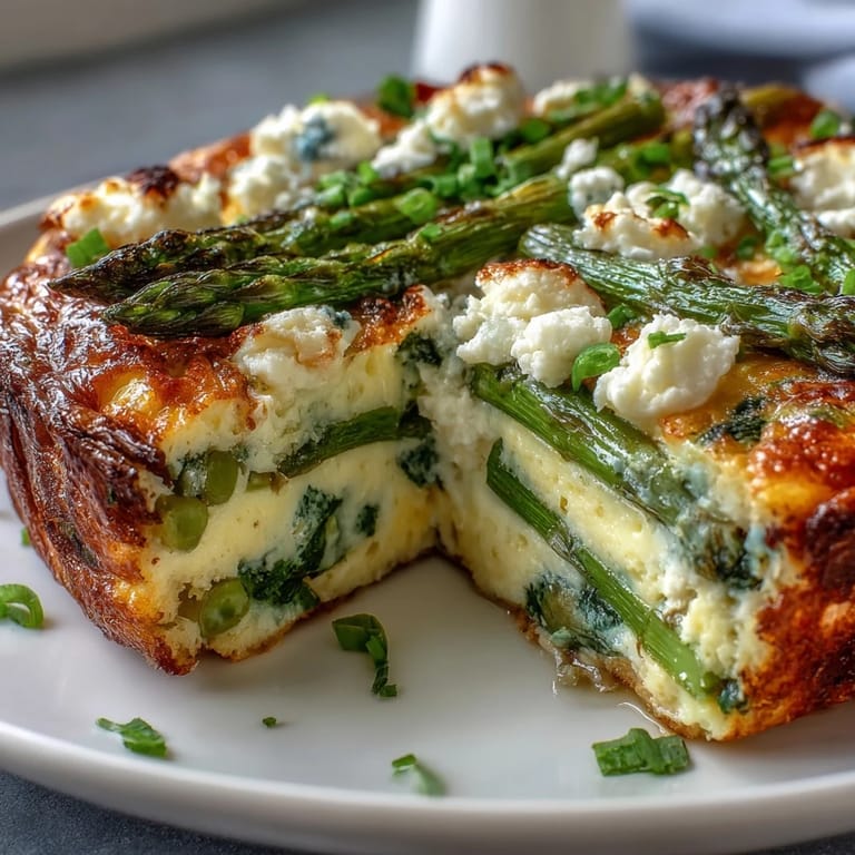 A fluffy, oven-baked frittata filled with tender asparagus, sweet peas, and tangy goat cheese, garnished with fresh chives and dill.