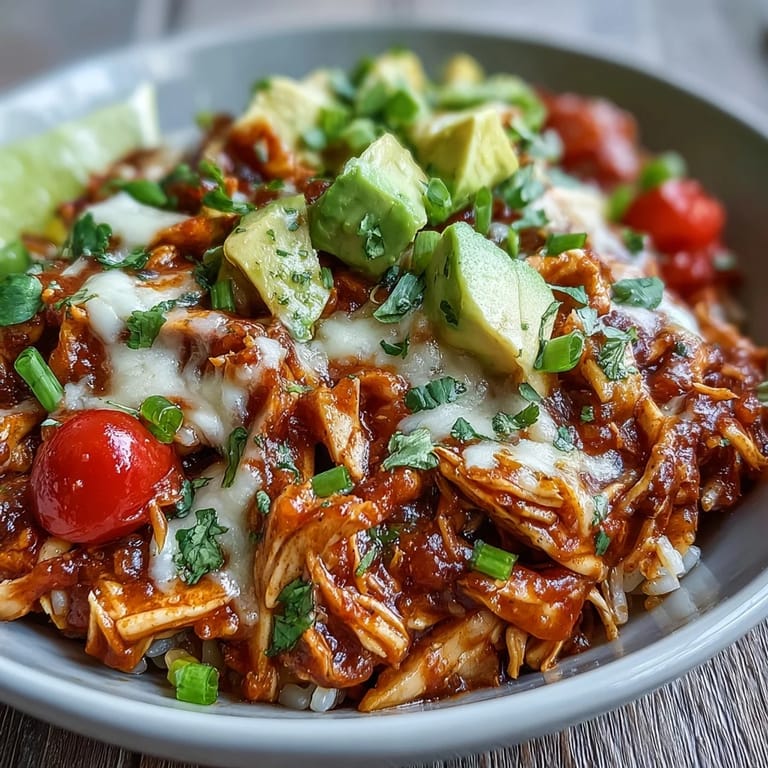 Slow-cooked salsa chicken served over rice with black beans, corn, avocado, and lime in a flavorful, easy-to-make meal.