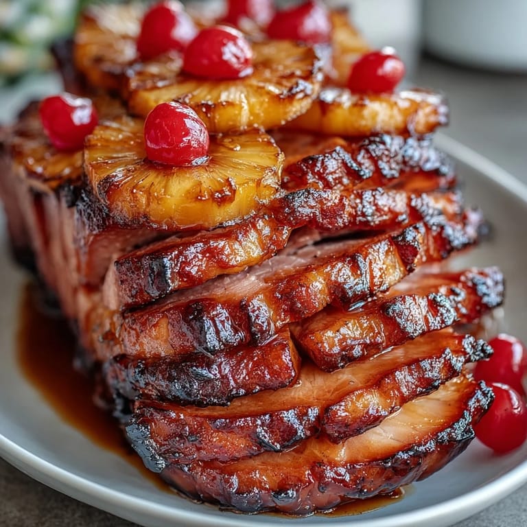 Succulent Honey Glazed Ham with Pineapple, scored and studded with cloves, baked to caramelized perfection and garnished with tropical fruit for a celebratory centerpiece.