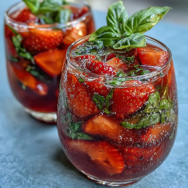 Vibrant alcohol-free sangria featuring ripe strawberries, orange, lemon, and basil, perfect for summer gatherings or brunches.