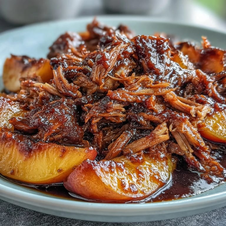 Juicy shredded pork simmered with sweet peaches and honey, topped with BBQ sauce for a summer feast.