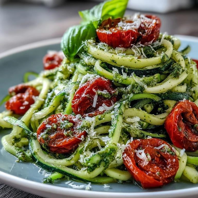 Colorful zucchini noodles coated in creamy pesto and bursting cherry tomatoes, an easy gluten-free dish ready in 20 minutes.
