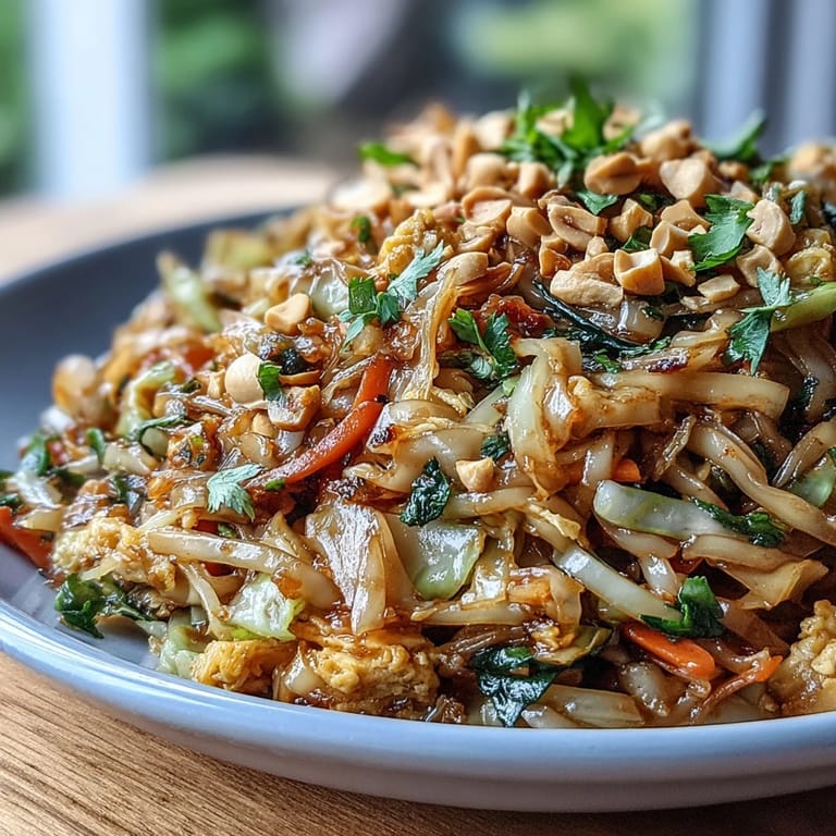 Savory-sweet Cabbage Pad Thai featuring tender eggs and roasted peanuts, ready to serve.