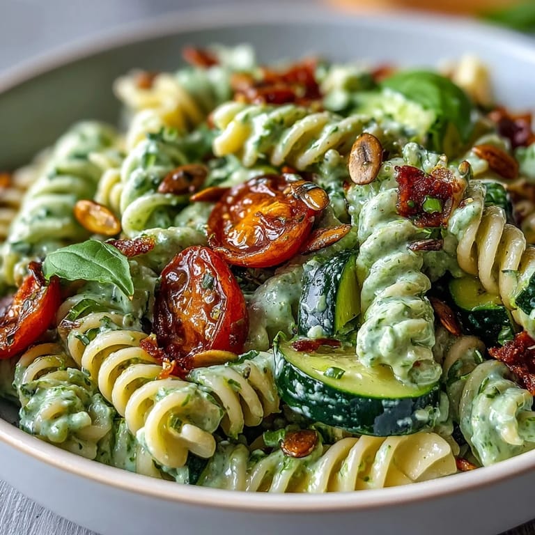A refreshing bowl of Green Goddess Pasta Salad, ready for family gatherings.