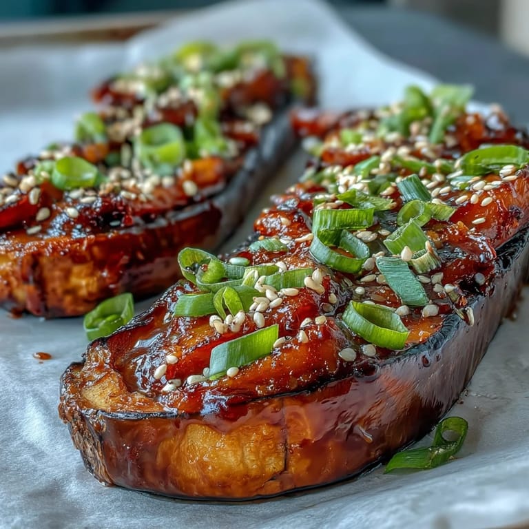 Roasted miso glazed eggplant halves, glistening with sweet-savory glaze, perfect for dinner.