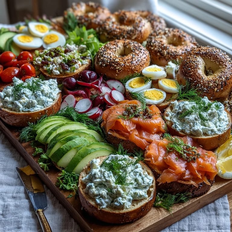 Colorful smoked salmon bagel board featuring creamy spreads, crisp vegetables, and ripe avocado slices for a festive breakfast.  