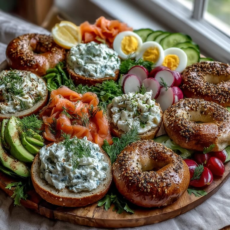Elegant smoked salmon bagel board with chive cream cheese, dill, and lemon wedges—perfect for celebrating Mother's Day brunch.
