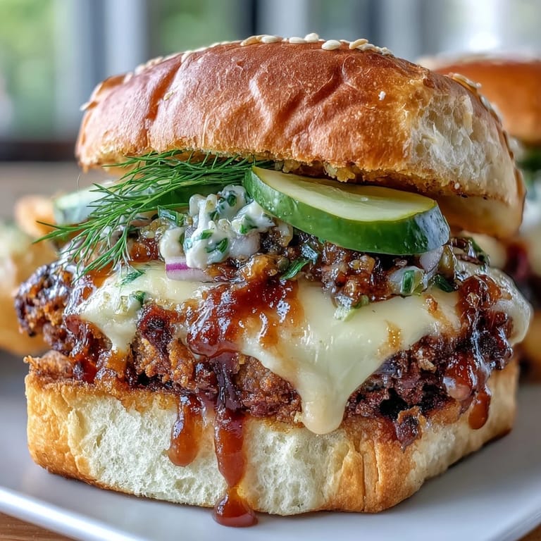 Memorial Day BBQ smash burger sliders topped with tangy secret sauce, shredded lettuce, pickles, and onions.  