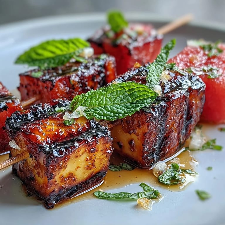 Golden, grilled halloumi cheese cubes paired with juicy watermelon and fresh mint leaves create a colorful, flavorful skewer.