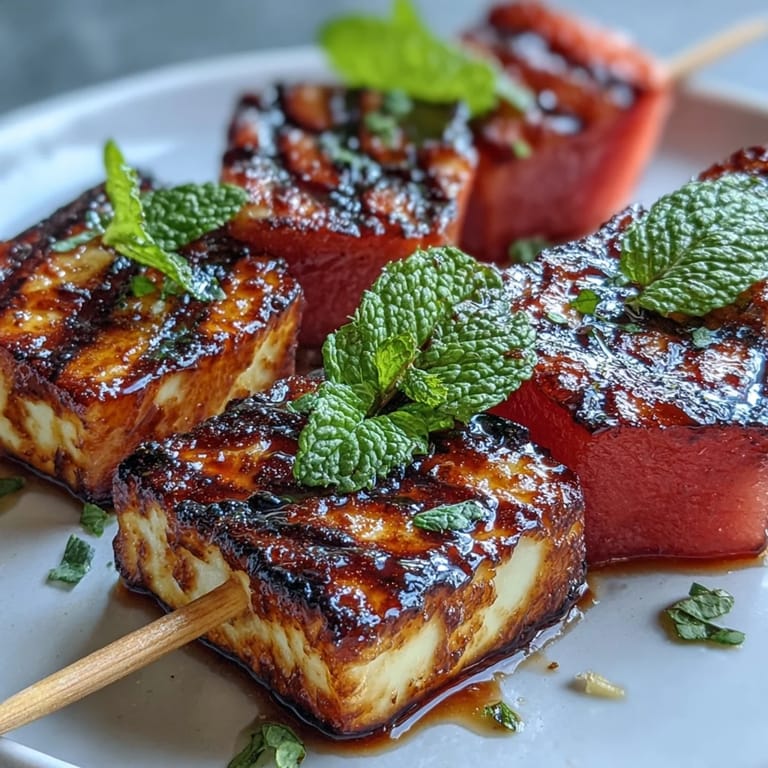 Juicy watermelon and savory halloumi cheese are grilled to perfection and garnished with fresh mint for a Mediterranean appetizer.