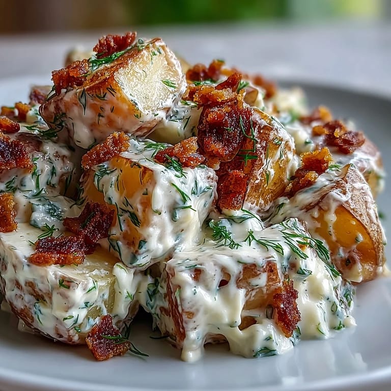A vibrant bowl of Memorial Day Potato Salad with Dill and Bacon, combining tender potatoes, crunchy celery, and smoky bacon crumbles.