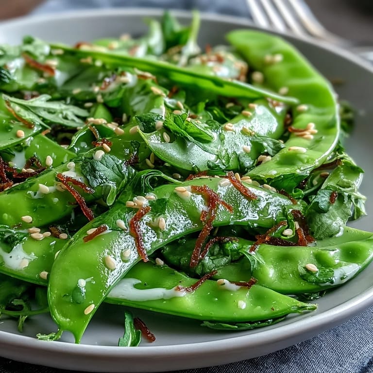 Vibrant spring salad featuring crunchy snap peas, radishes, and mint, drizzled with zesty tahini dressing.  