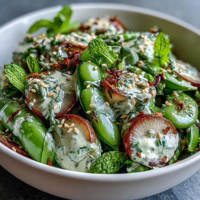 Fresh snap pea and radish salad tossed with parsley and a rich, nutty tahini dressing for a refreshing bite.