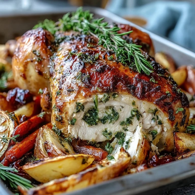 Juicy Herb Butter Roast Chicken, browned perfectly, ready for a holiday meal.