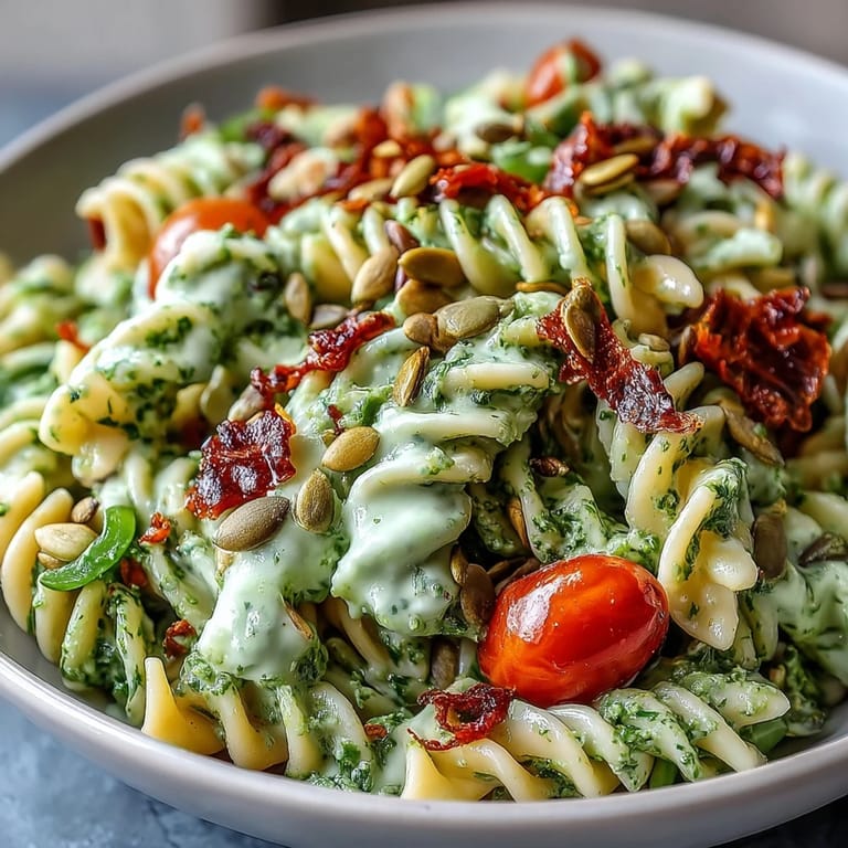 Perfectly blended Green Goddess Pasta Salad, studded with cherry tomatoes and cucumber.