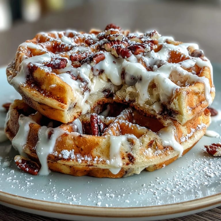 Fluffy Cinnamon Roll Waffles, bursting with cinnamon sugar warmth, perfectly glazed.