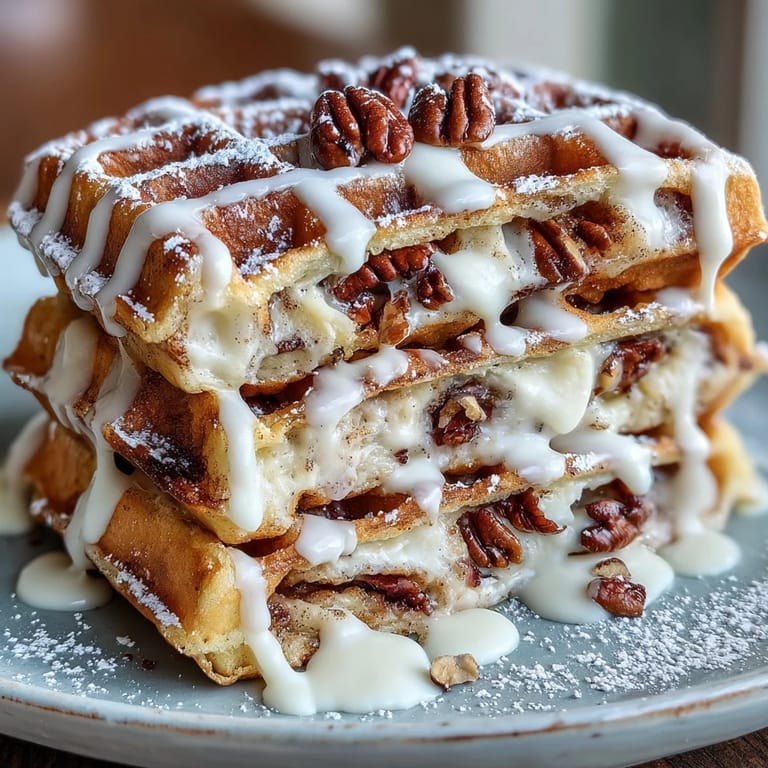 Delicious Cinnamon Roll Waffles, a sweet morning treat with luscious cream cheese frosting.