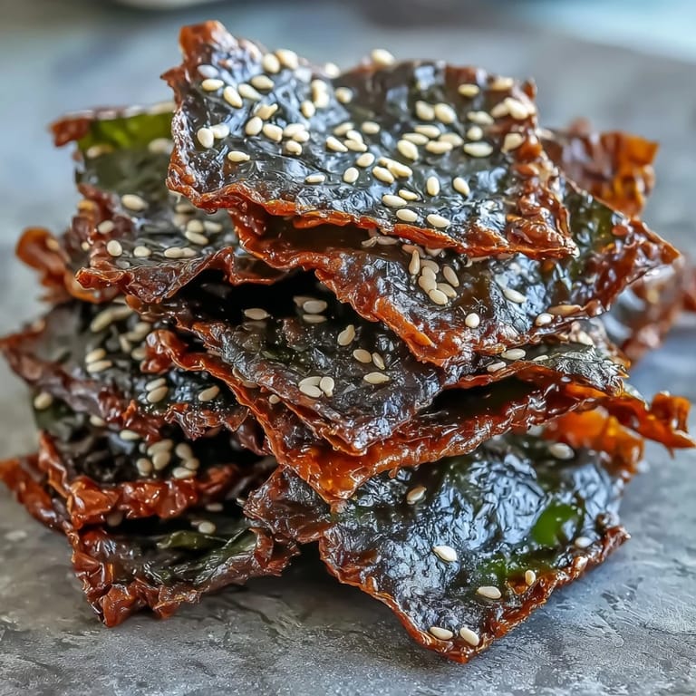 Savory seaweed snack chips glistening with sesame oil, ready to enjoy.