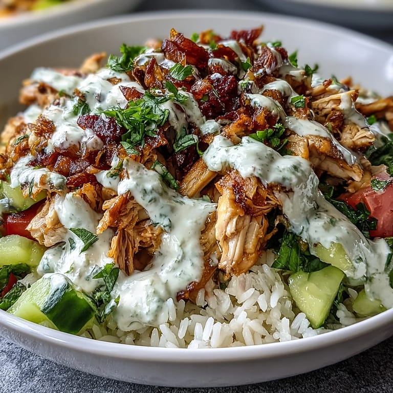Flavorful Middle Eastern Shawarma Bowl featuring tender chicken and a creamy tahini drizzle.