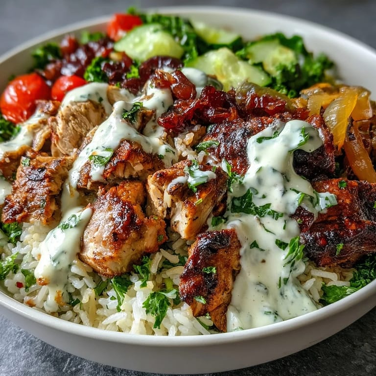 Hearty Middle Eastern Shawarma Bowl, beautifully plated with seasoned chicken and crisp toppings.