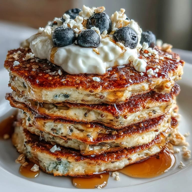 Hearty high fiber protein pancakes glistening with a touch of syrup, perfectly golden.