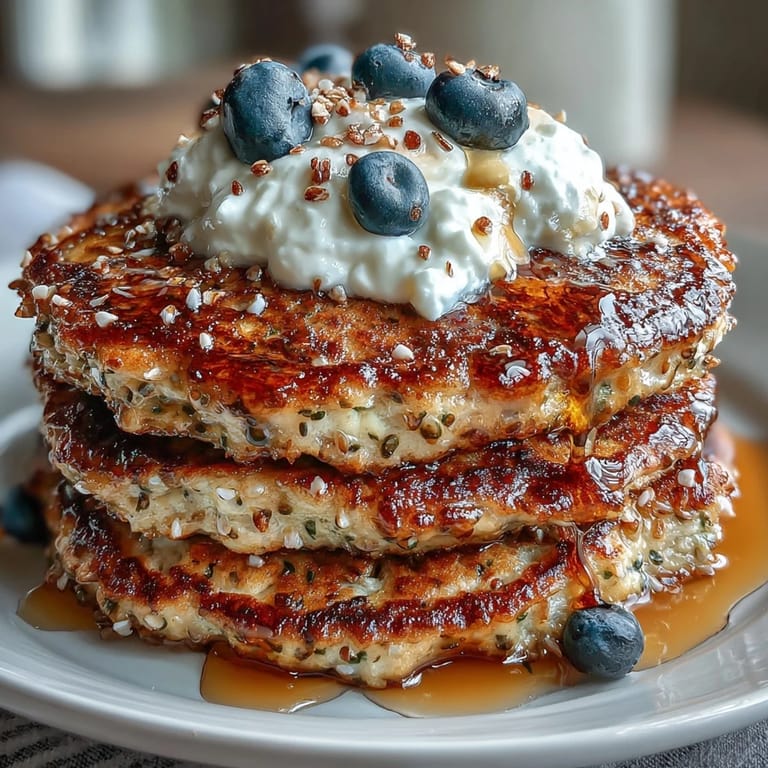 Delicious stack of high fiber protein pancakes, lightly browned and invitingly textured.