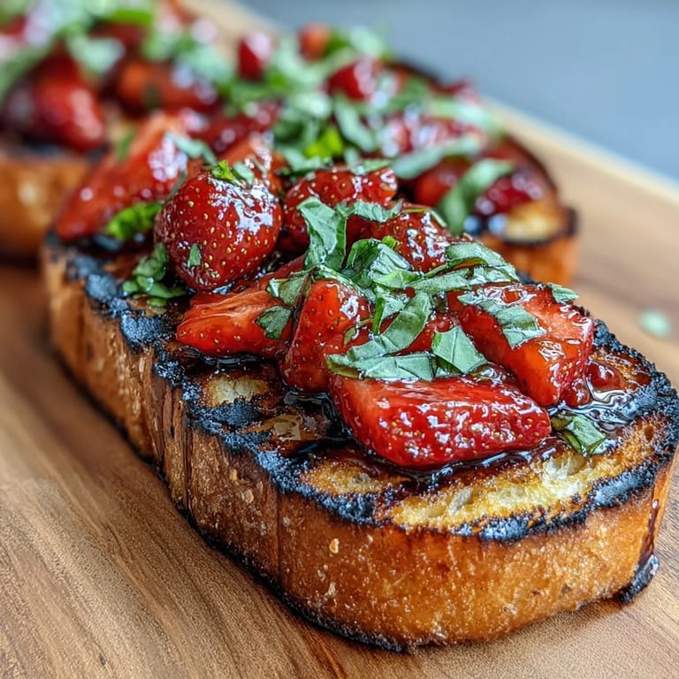 Close-up of Strawberry Balsamic Bruschetta, an easy appetizer ready to serve.