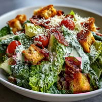Fresh chopped romaine, creamy Caesar dressing, and golden croutons in a Romaine Caesar Bowl topped with grilled chicken.