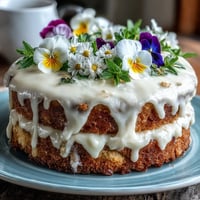 Delicate vanilla cake layered with whipped cream and pressed edible flowers, a perfect centerpiece for spring celebrations.  