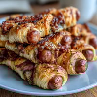 Golden crescent-wrapped mini hot dogs with sesame seeds, perfect for game day snacks or party platters.