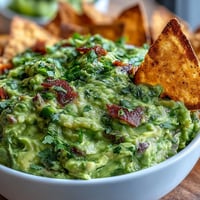 Creamy avocado and edamame guacamole served with crispy, golden pita chips for a fresh, protein-rich snack.  