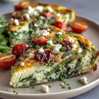 Healthy Easy Spring Veggie Frittata with asparagus, spinach, and feta in a golden baked skillet.