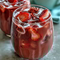 A vibrant pink drink with fresh strawberries and açaí blended with creamy coconut milk for a refreshing summer treat.