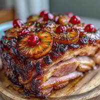 Honey Glazed Ham with Pineapple, golden and glistening with sweet honey glaze, surrounded by juicy pineapple rings and cherries for a festive Easter feast.