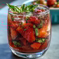 Refreshing strawberry basil sangria mocktail with juicy strawberries, citrus slices, and fragrant basil leaves in a glass pitcher.