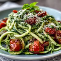 Vibrant zucchini noodles tossed with homemade basil pesto and juicy cherry tomatoes, perfect for a healthy vegetarian meal.